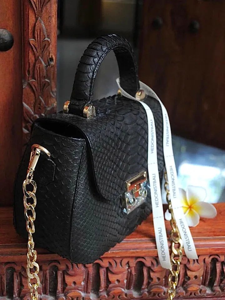 Genuine python top handle bag / designer bag / exotic leather bag / black purse exotic leather / snake print designer classy purse
