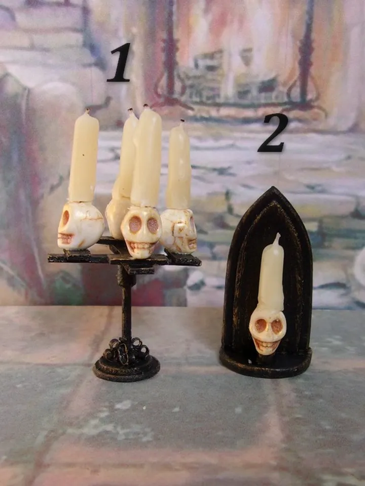 Gothic candlesticks for stylized dollhouse. 1:12. Dollhouse miniature. handmade. Candlesticks with skulls.