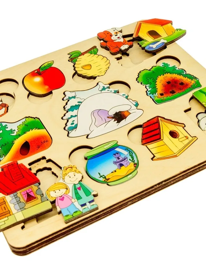 Wooden Puzzle - animals and houses, Montessori toddler toy, jigsaw board