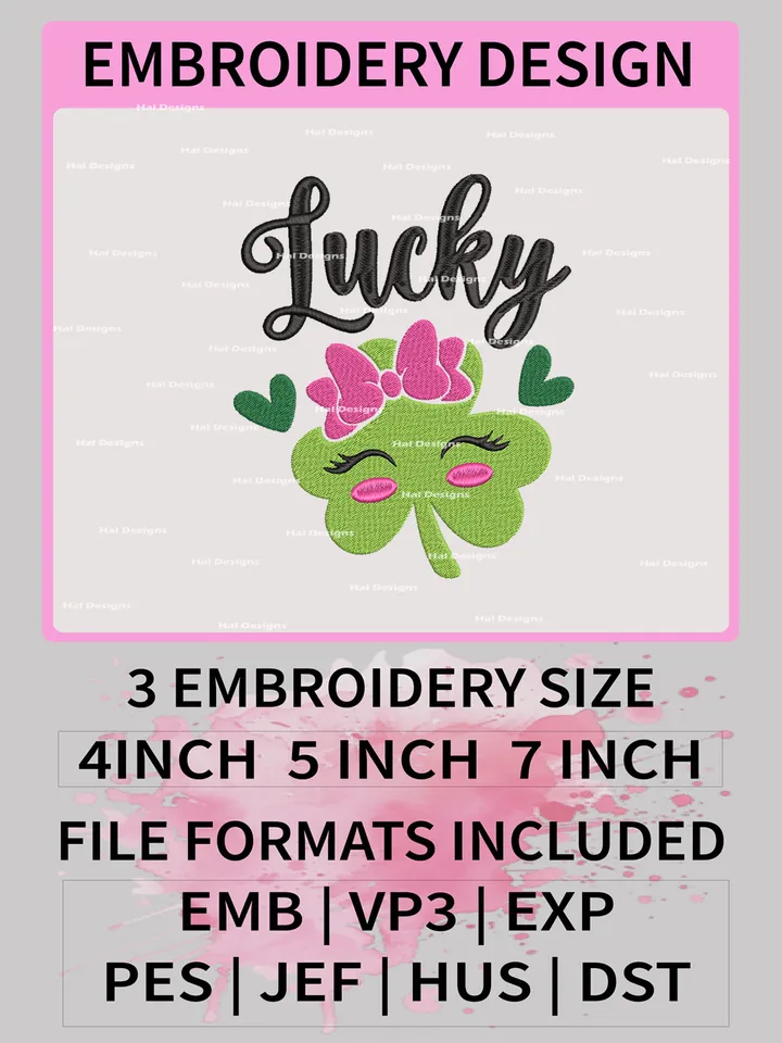 Cute Lucky Clover Embroidery Designs, St. Patricks Day Machine Embroidery Patte, Lucky Logo Embroidery File