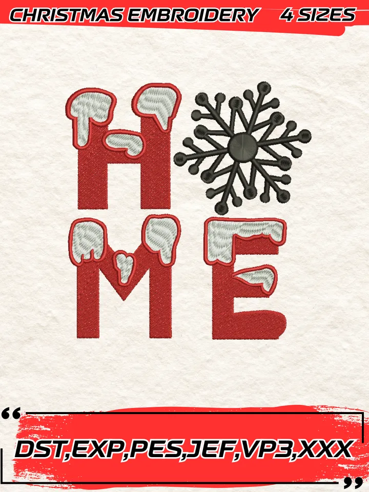 Home With Snowflake Embroidery Design,Christmas Embroidery Design,4 Sizes, Digital Download