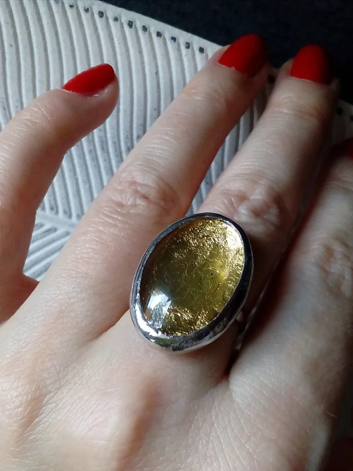 Glass ring, large oval ring, simple stained glass, tin soldered ring, stained glass ring, sparkling ring, shiny ring