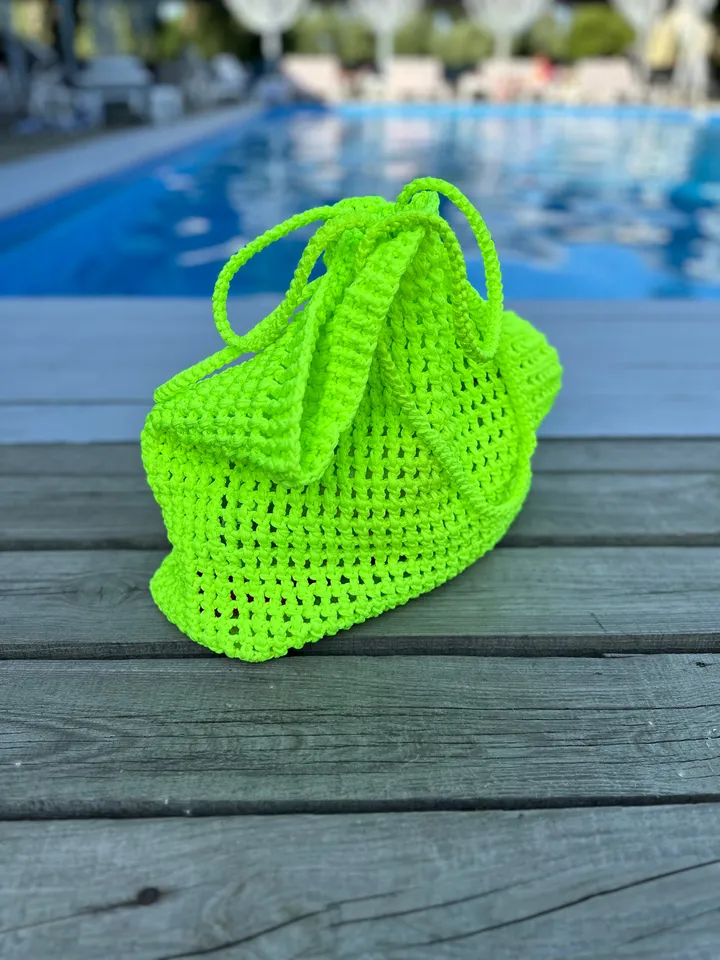 Women Bright Large Beach Net Bag With Polyester Cord in Lime Green, Tote Hippie, Boho Purse, Handbag, Mash Bag