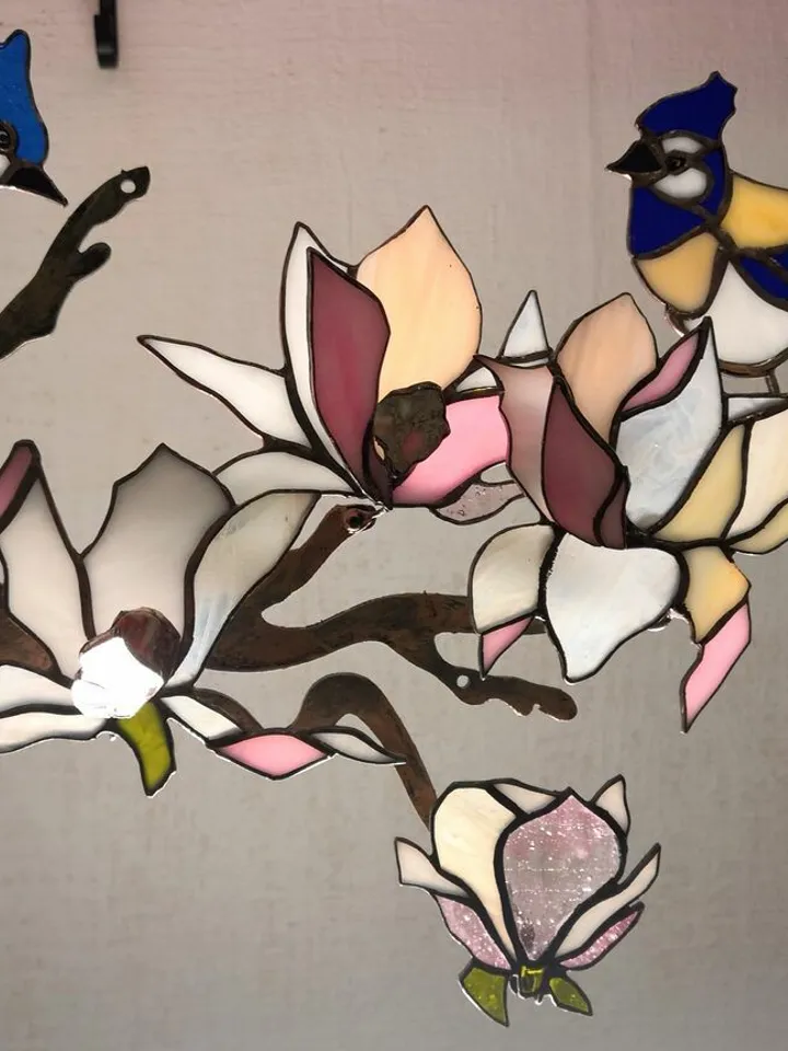 Stained Glass: Lovebirds – Blue Jays on Magnolia Branch with Agates, Stained Glass Bluebirds on Magnolia Branch, Romantic Stained Glass Lovebirds with Agates, Blue Jays on Magnolia – Stained Glass Art, Handmade Stained Glass Birds and Blossoms