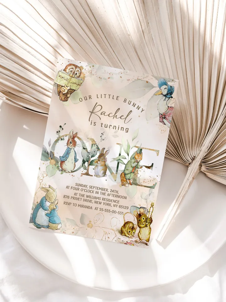 DIY Classic Peter Rabbit First Birthday Invitation; Peter Rabbit neutral birthday any age editable template; tale of peter rabbit pr6