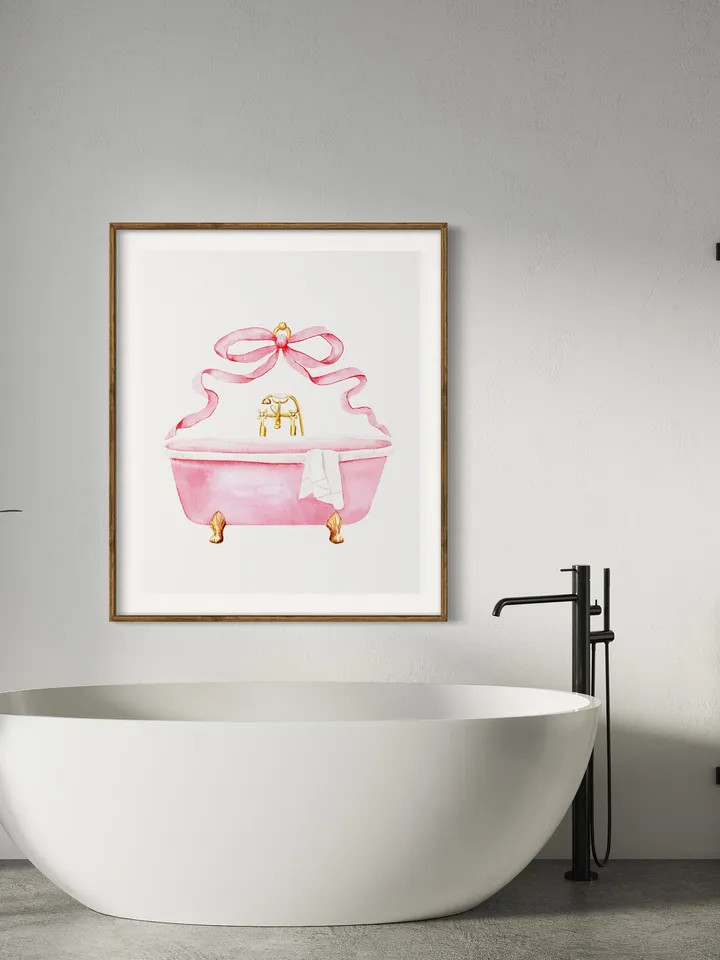 Pink Bathroom Vintage Bow Art Print, Watercolor Painting, Retro Bathroom Decor, Girls Bathroom Decor, Pink Bathtub, Gift For Her, Bath Time