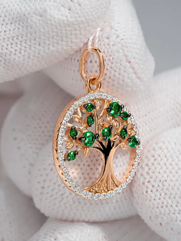Pendant silver 925 on the neck, gold 585 coating, tree of life, with nano emerald