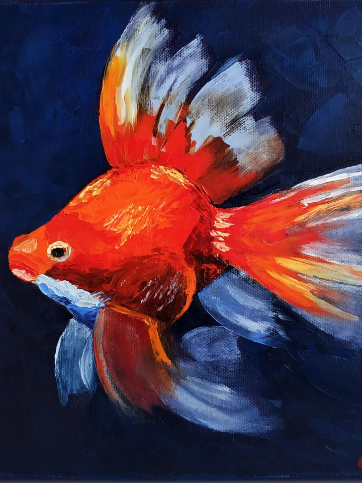 Oil painting goldfish, Bright fish, Symbol of good luck and happiness, Goldfish oil painting