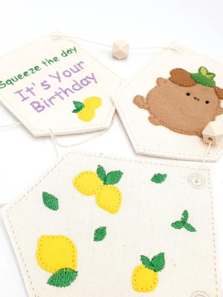 ITH Lemonade Garland Embroidery Design Set, Felt Summer Lemon Party Banner Pattern, 4x4 Hoop Digital File