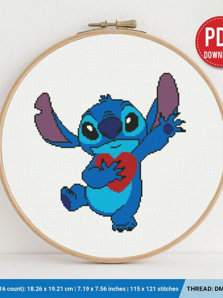 Lilo and Stitch, Heart cross stitch pattern, Love Hawaii, Valentine’s Day, nursery decor, counted, chart, gift DIY, embroidery, instant PDF