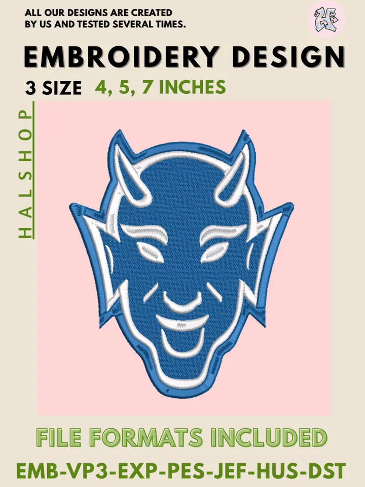 Duke Blue Devils NCAA Team Funny Mascot Logo Embroidery Design Files – College Sports Machine Embroidery, 3 Sizes, Digital Instant Download