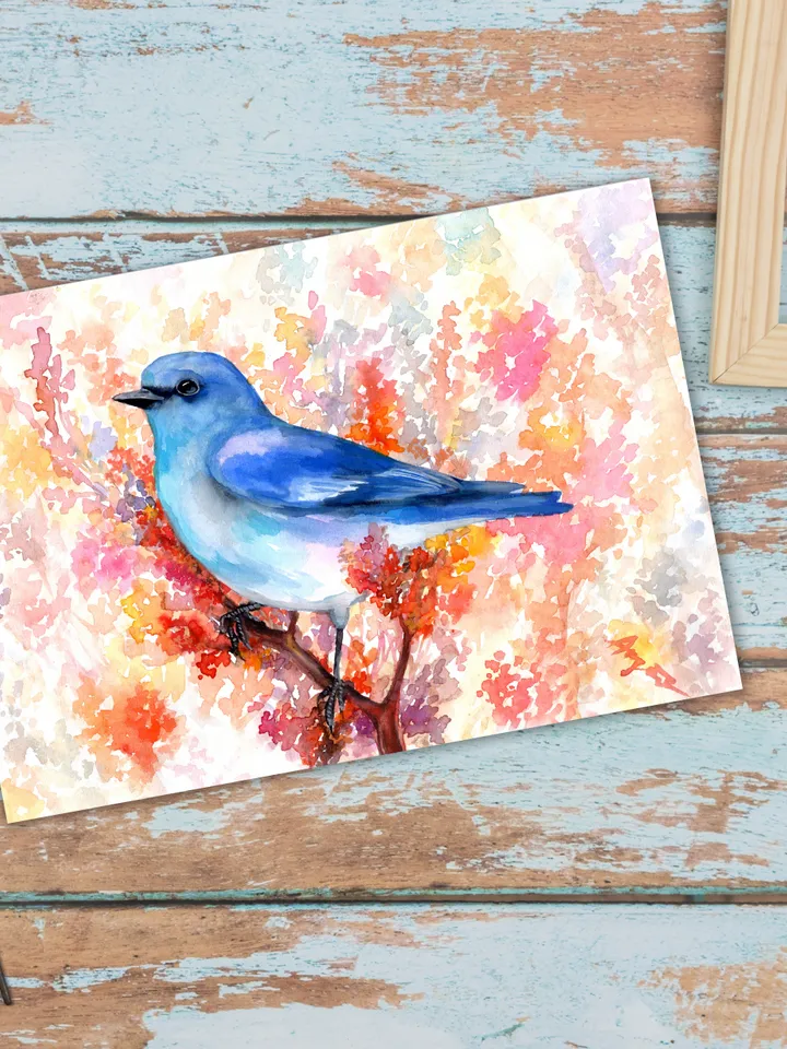 The Indigo Oatmeal Cardinal original watercolor, bird on the branch painting, blue bird portrait room decor, 8x11 in wall art for bird lovers handmade by Anne Gorywine
