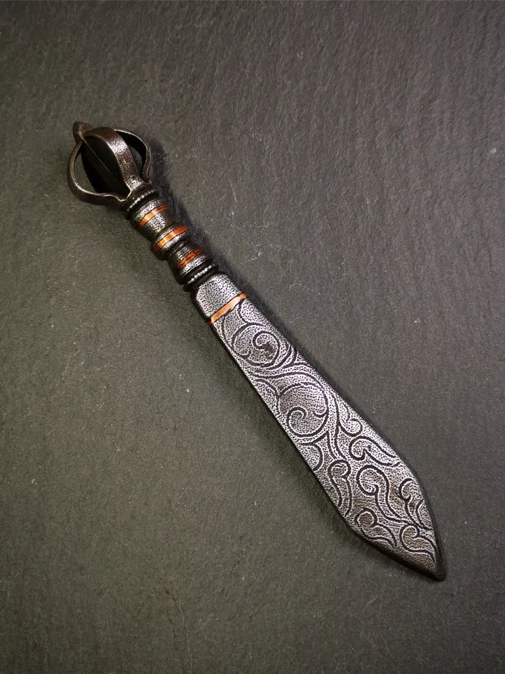 Gandhanra Tibetan Buddhist Ritual Implement ,Fire Vajra Sword of Manjushri,Made of Cold Iron inlaid with Copper