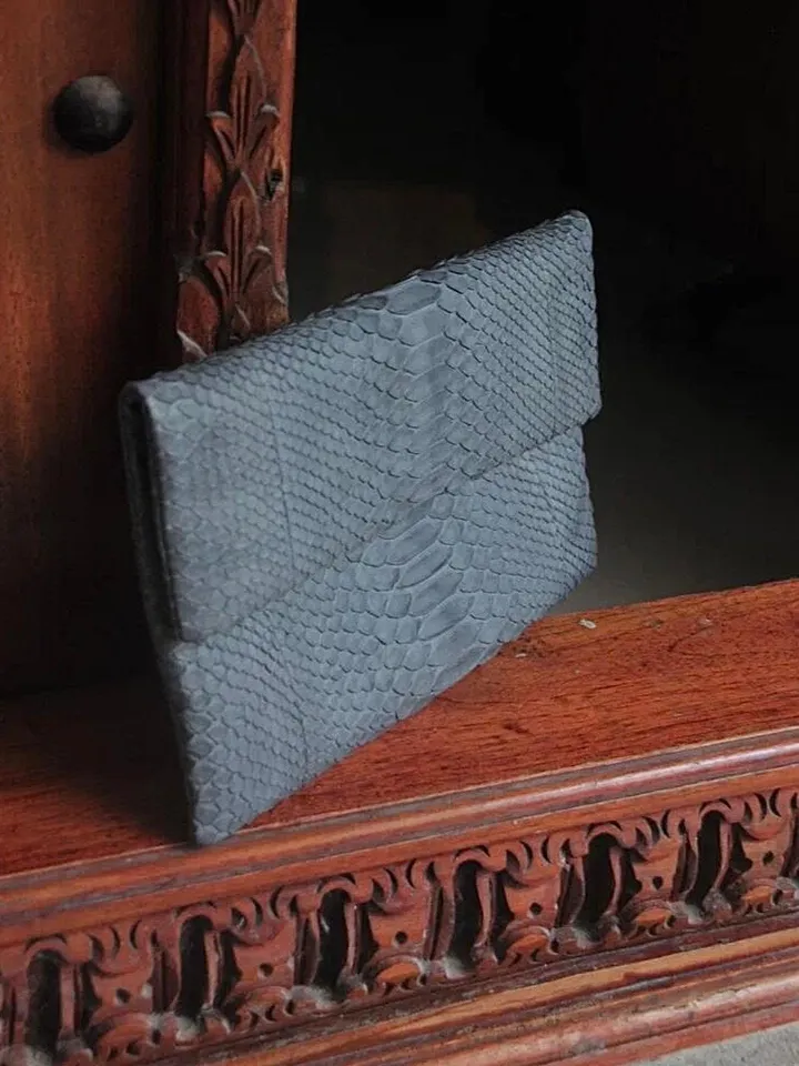 Genuine Python Skin Grey Clutch | Small Evening Classy Elegant Snake Python Leather Flat Clutch | Small Purse | Reptile Bags