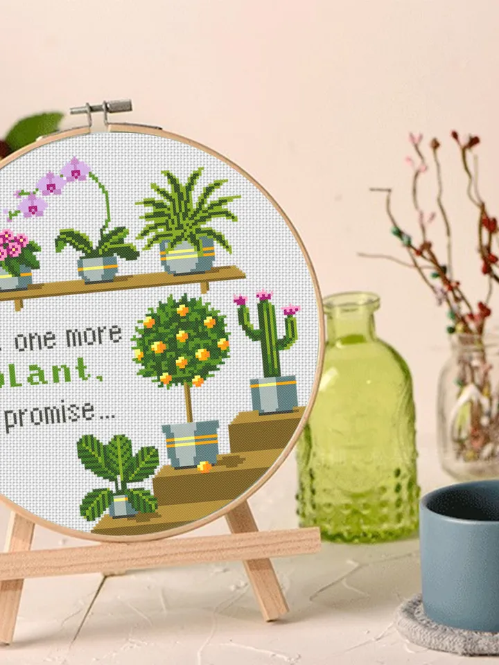 Potted plants cross stitch pattern download PDF, Just one more plant quote cross stitch, House plant hand embroidery PDF, Garden stitch #P30