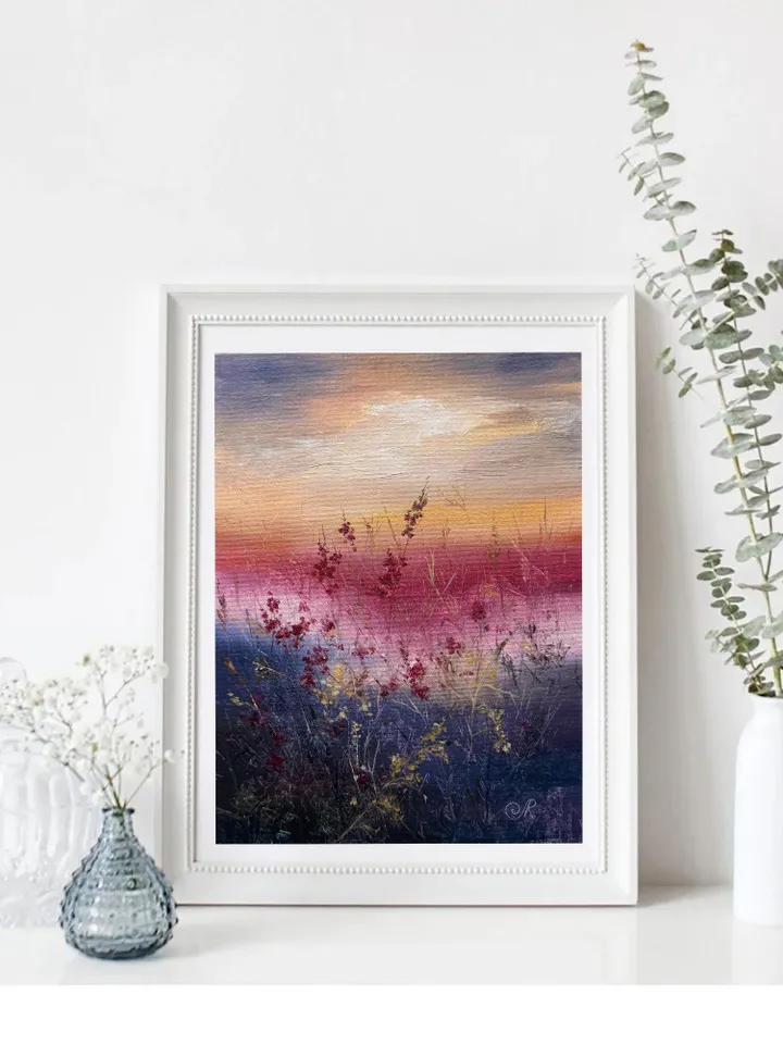 Sunset Oil Painting Meadow Wall Art Field Original Painting