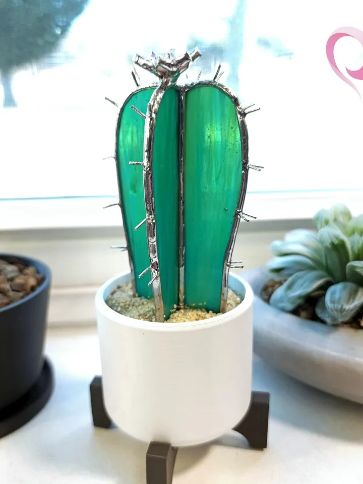Small Stained Glass Torch Cactus with Mini Pink Flower Suncatcher in Cute Pot for Windowsill Decor Perfect No Kill Gift for Succulent Lover