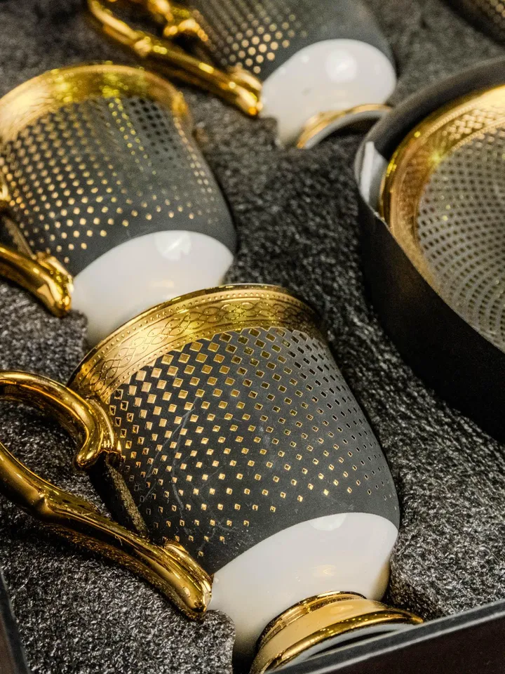 14K Gold Powder Black Porcelain Tea Cups And Saucers | Tea Cups Saucers Set | Gold Porcelain Set | Elegant Teaware | Gift For Tea Lovers