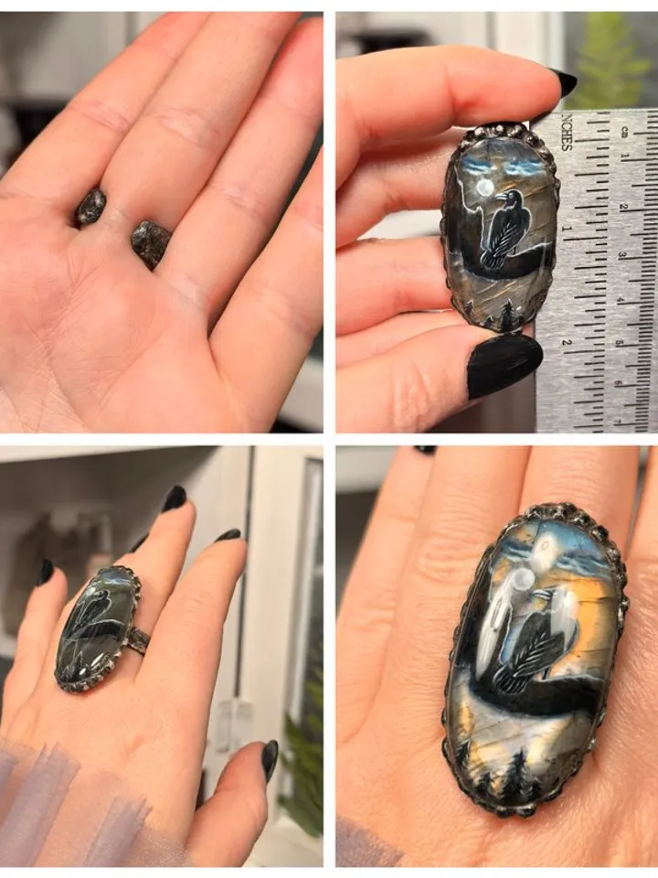 Raven ring Crow ring Viking ring Labradorite ring Oil painting miniature
