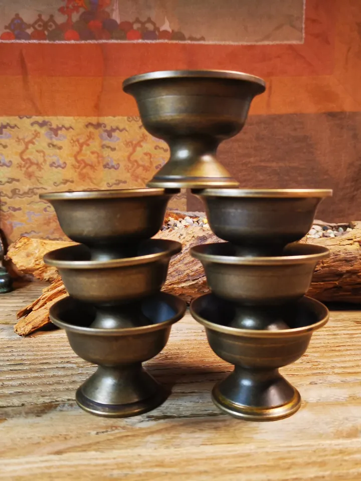 Gandhanra Handmade Tibetan Buddhist Offering Butter Lamps,Made of Red Copper,1 Set of 7 Lamps