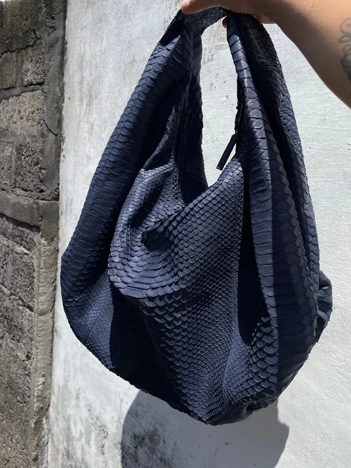 Big Soft Hobo Classy Sport Woman Bag | Purse Genuine Python Skin | Python Skin Products | Blue Big Elegant Leather Designer Soft Bag Snake