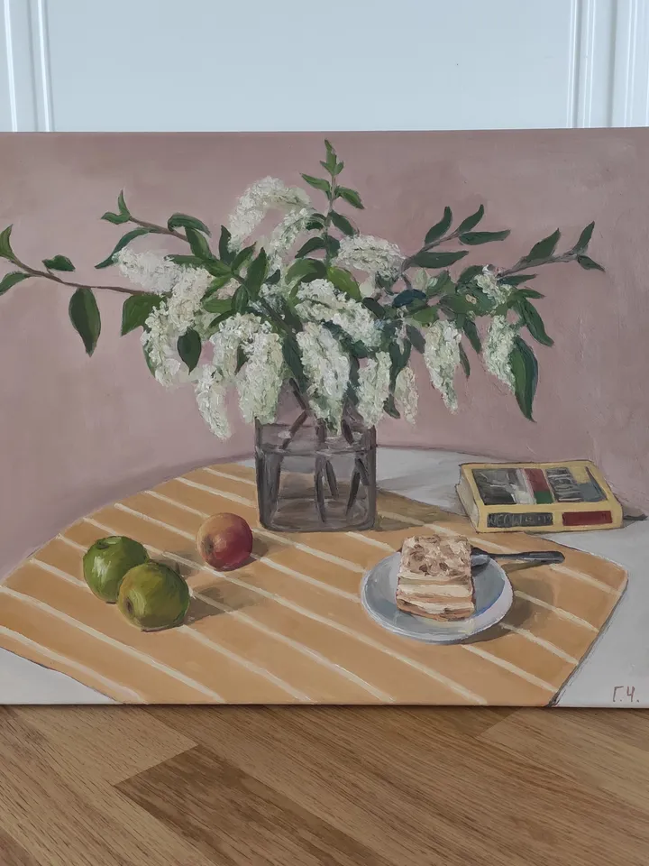 Oil painting "Still life with bird cherry blossoms"