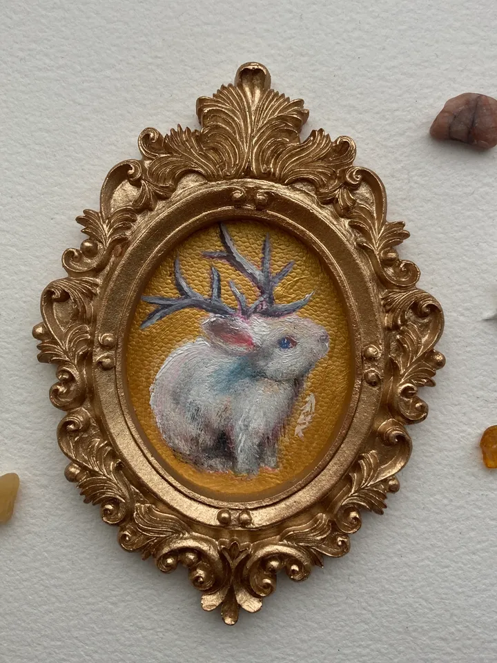 Jackalope Painting Small Original Framed Art Cryptid Gifts Mini Gold Framed Decor, Fairy Creatures Art, Tiny Art Whimsigoth Decor