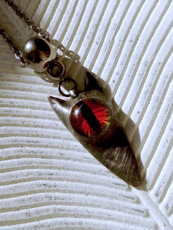 CAT necklace, cat eye tin soldered pendant, cat lovers jewelry, Halloween necklace, witchy aesthetic, goth bat pendant