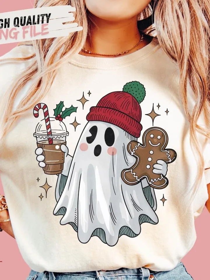 Vintage Christmas Ghost PNG for Retro Coffee Decor & Halloween Fun, Holiday PNG, Boojee Ghost - Spooky Holiday Decor, Christmas Trending Png