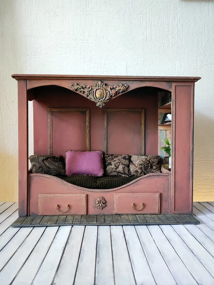 Roombox Doll Bed 1/12 shabby chic pink