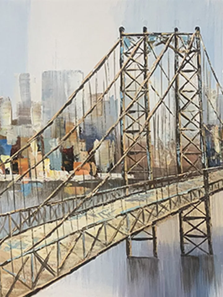Abstract New York City Oil Painting on Canvas, Large Original Brooklyn Bridge Skyline Urban Cityscape Painting Living Room Wall Art Decor