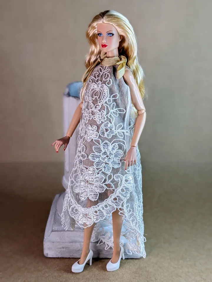 Handmade white & beige lace dress for 13-inch fashion dolls