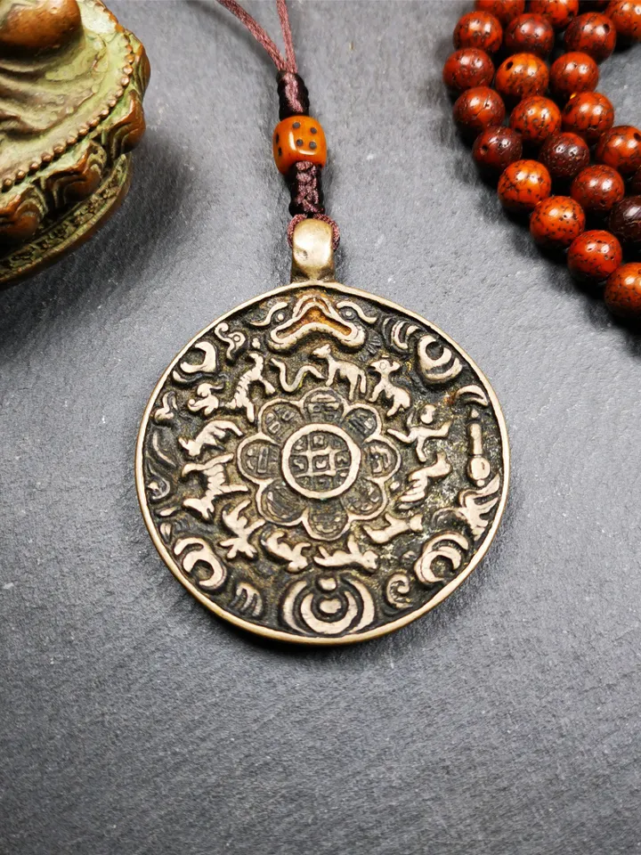 Gandhanra Antique Tibetan Buddhist Astrological Mandala,Calendar Badge,Melong Mirror,SIPAHO Amulet(srid pa ho),Made of Thokcha,60 Years Old