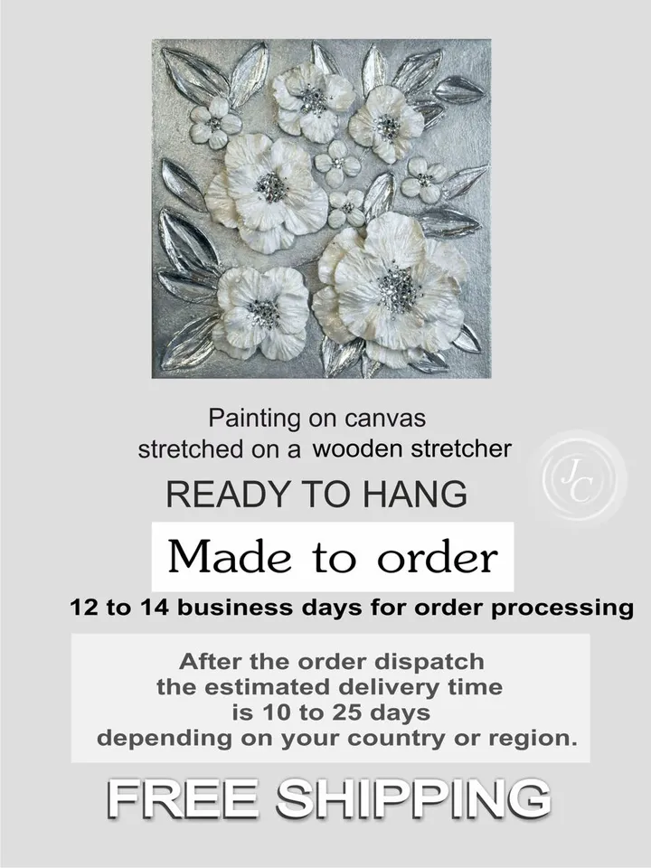 White Pearl Poppies Flower Textured artwork | Silver Glittery Original Painting Floral Art with Crystal