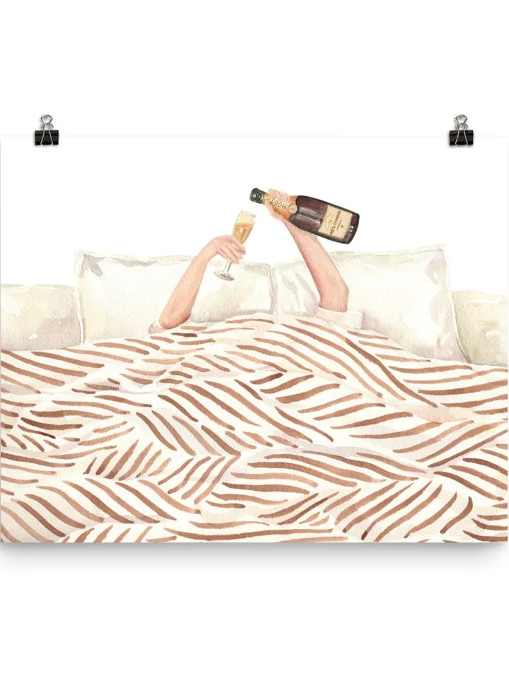 Woman Drinking Champagne In Bed, Watercolor Painting, Girls Bedroom Decor, Vintage Bar Print, Feminist Poster, Girly Wall Art, Alcohol Print