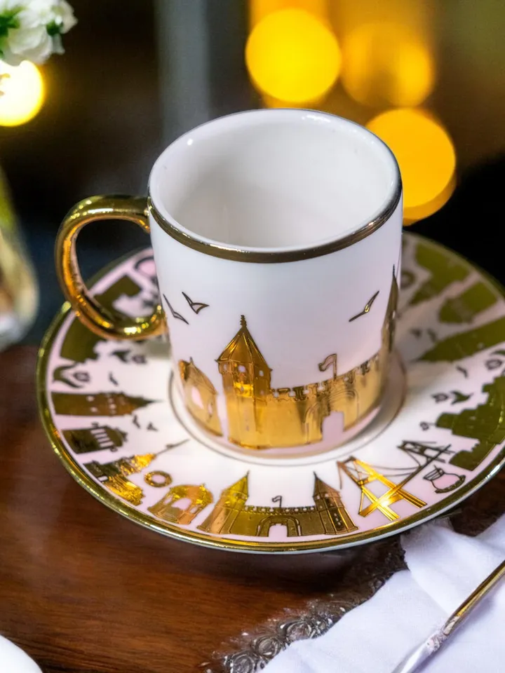 Black And Gold Istanbul Themed Luxury 12 Pieces Tea Cups And Saucers | Black and Gold Tea Cups | Elegant 12-Pieces Tea Cups