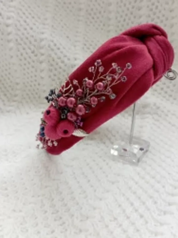 Magenta tie headband for women, beaded crystal headband, velvet embroidered headband, embellished headband, turban headband
