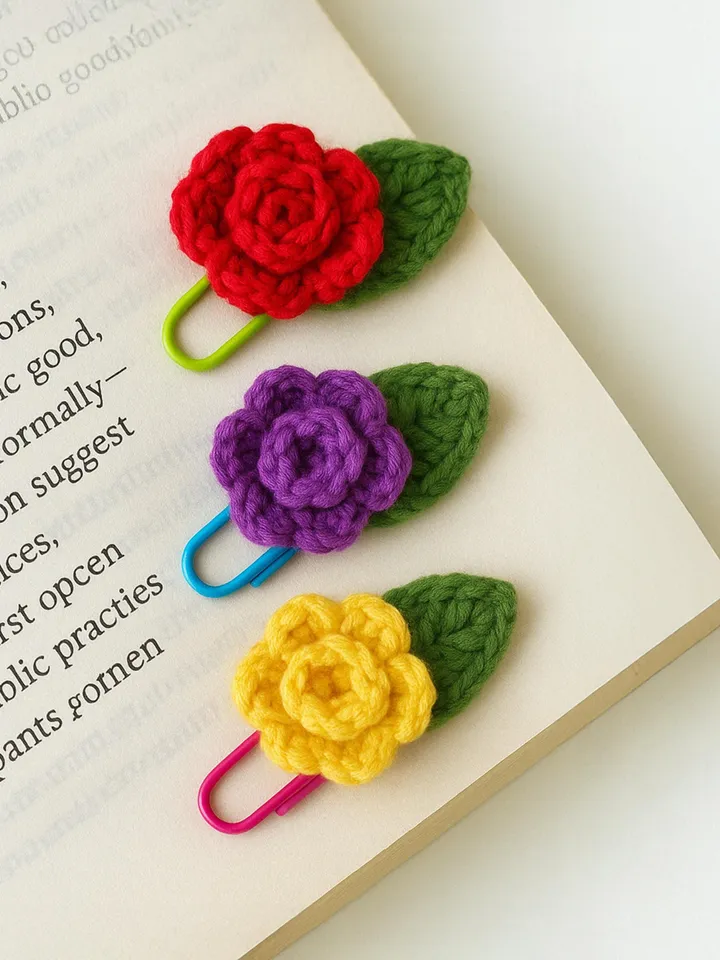 Micro Crochet Rose Paper Clip Bookmark, Cute Floral Planner Accessories, Perfect Gift for Book Lovers and Journal Enthusiasts