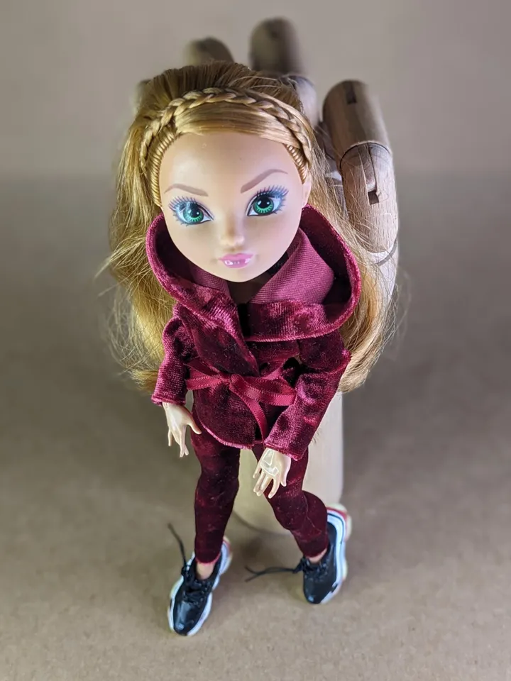 Handmade burgundy velvet hoodie & leggings set for 10.5 inch female dolls