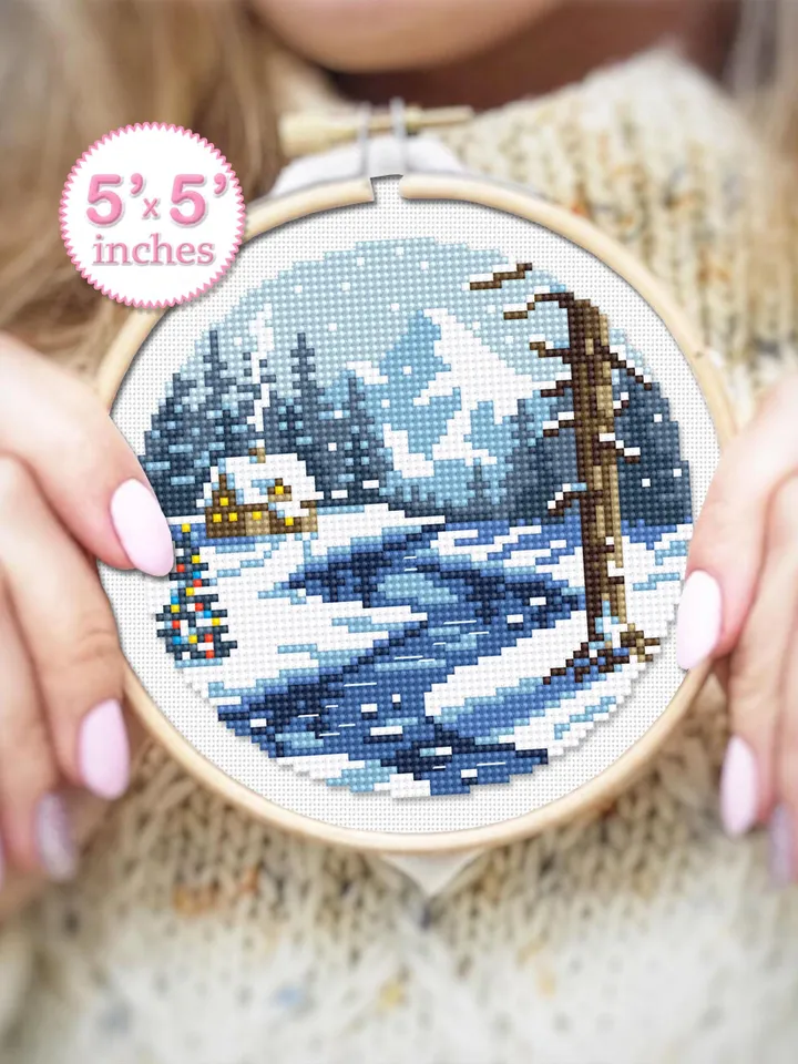 Winter landscape cross stitch pattern PDF download Winter nature cross stitch chart, Christmas pattern digital, Winter house in forest #N168