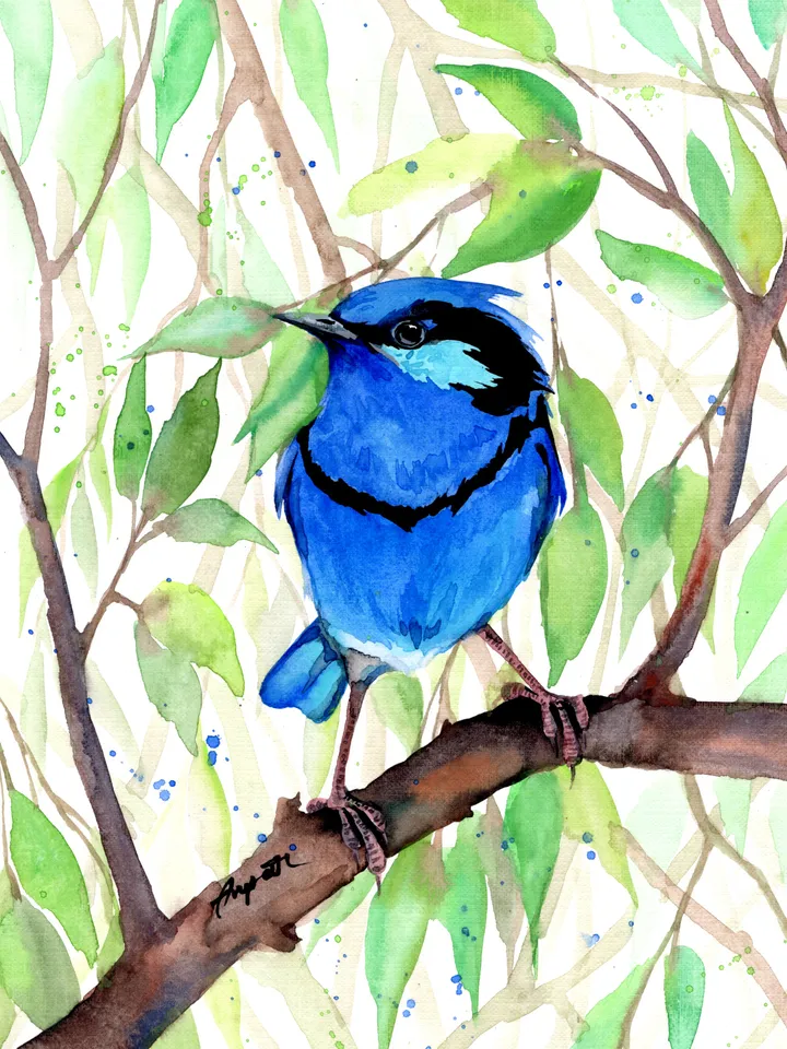Bluebird Original watercolor, bird painting, wall decor, birds lover gift, 8x11 in handmade art by Anne Gorywine