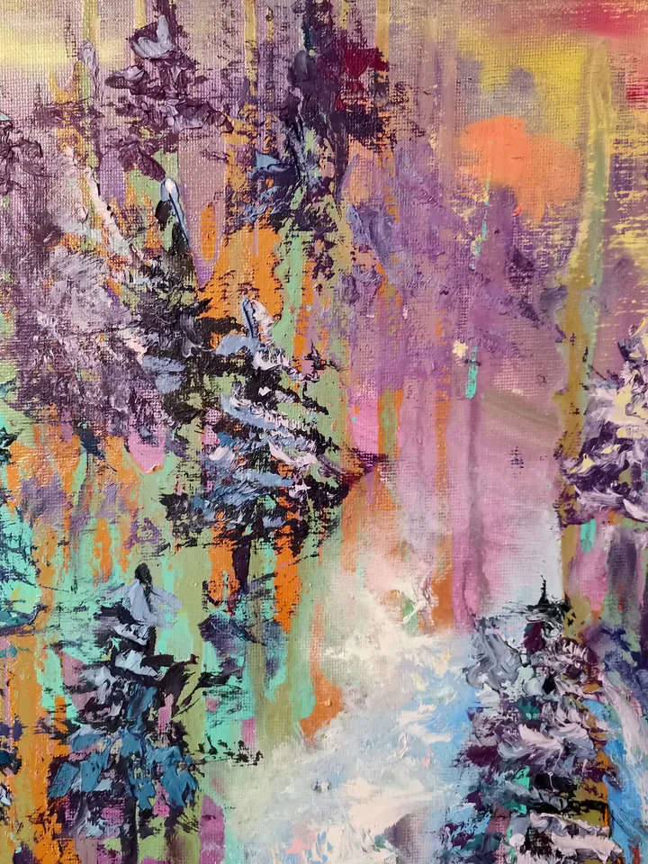 Waterfall Forest Abstract Sunset Impasto Art Large Original Oil Painting Canvas Artist Svinar Oksana