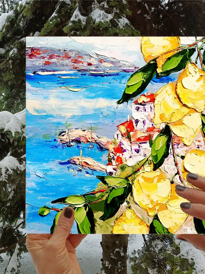 Italy Lemon Painting Courtyard Original Art Impasto Oil Painting 10x10 Amalfi Positano Coastal View Free Shipping Wall Art by ArtProkopaloSv