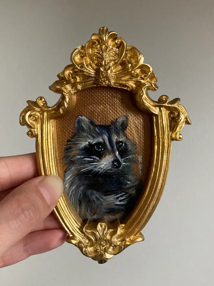 Raccoon Oil Painting Original In Vintage Style Frame Small Framed Animals Wildlife Art Arch Frame