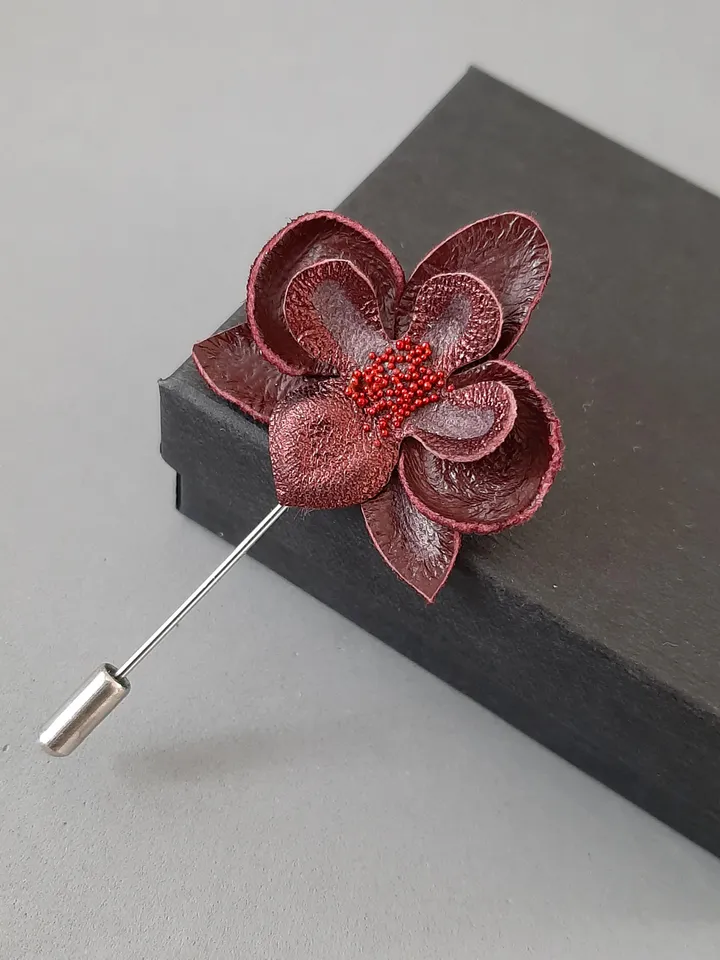 Bordo orchid men's lapel pin Leather boutonniere for him 3rd anniversary gift, art 17