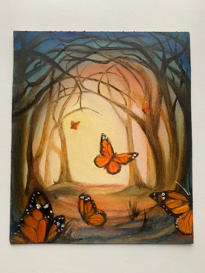 Monarch butterflies in a magical forest original oil painting