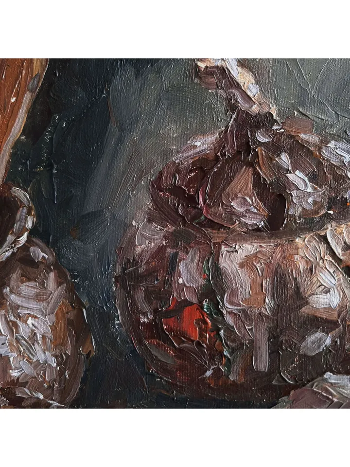 Ceramic Pots PAINTING 9,1x8,9" ORIGINAL ART Kitchen Onion Garlic Artwork Still Life Signed by artist Marina Chuchko