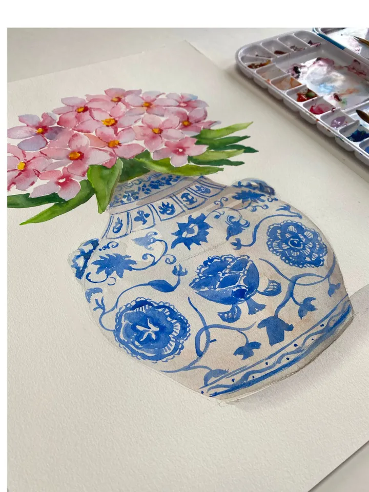Chinoiserie Watercolor Vase Art Print Blue And White Porcelain Vase Ginger Jar Wall Art Farmhouse Decor Housewarming Gift Vintage Wall Art