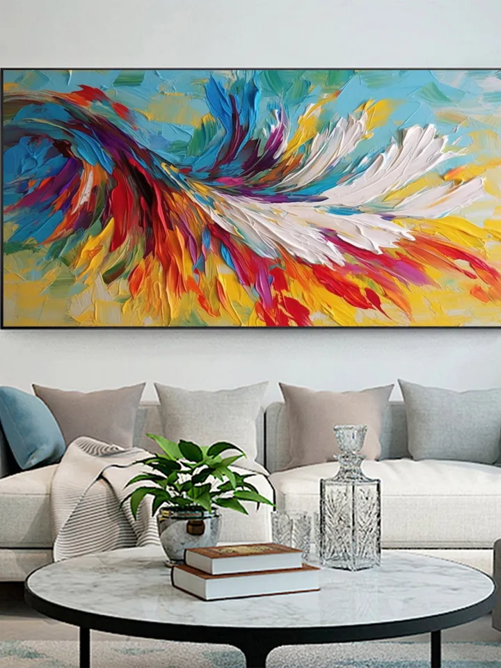 Large Oil Painting On Canvas, Original Colorful Feathers Painting, Abstract Painting, Custom Painting, Office Living room Bedroom Wall Art