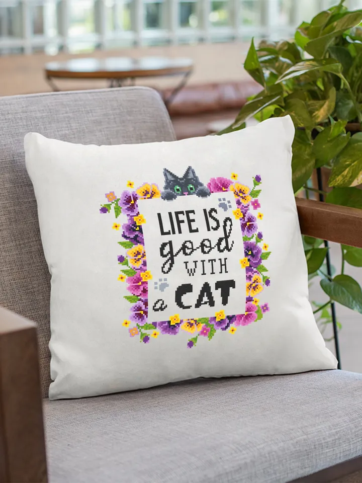 Flower cat cross stitch pattern PDF download Cat quotes cross stitch chart, Life Is Good With A Cat, Flower wreath pattern digital PDF #Q44